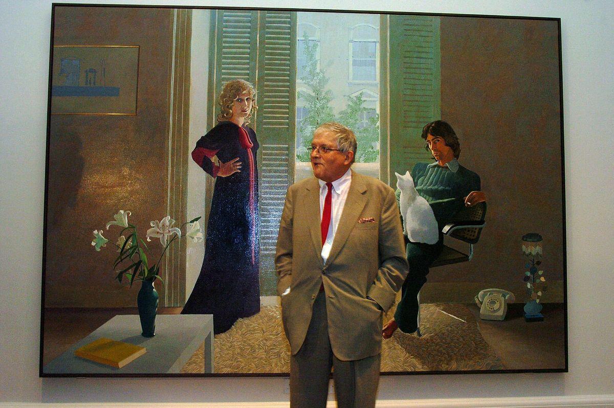 Sir David Webster by David Hockney. David Hockney with his painting of Sir David Webster who retired as general administrator of Covent Garden Royal Opera House and will hand in the foyer. 04.02.1971. 10 Jul 2017 Pictured: David Hockney in front of 'Mr and Mrs Clark and Percy' (painting at rear) one of Hockney's most celebrated portraits as part of the 'David Hockney Portraits' exhibition at the National Portrait Gallery featuring a comprehensive collection of 150 works which opens on October 12 2006. - Online rights must be cleared by News Licensing Material must be credited "The Times/News Licensing" unless otherwise agreed. 100% surcharge if not credited. Online rights need to be cleared separately. Strictly one time use only subject to agreement with News Licensing. Photo credit: News Licensing / MEGA TheMegaAgency.com sales@mega.global